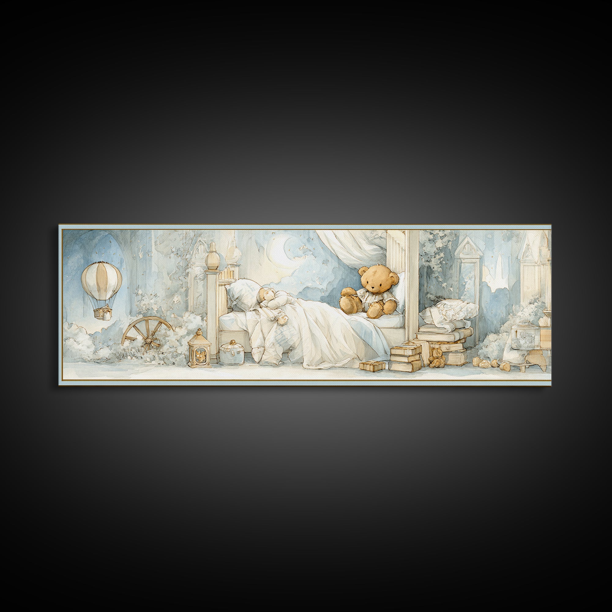 Storybook Bear with Little Lantern Canvas Print, Nursery Decor, Kids Wall Art, Abstract Art, Nursery, Room Decor, NDE-3x1-25