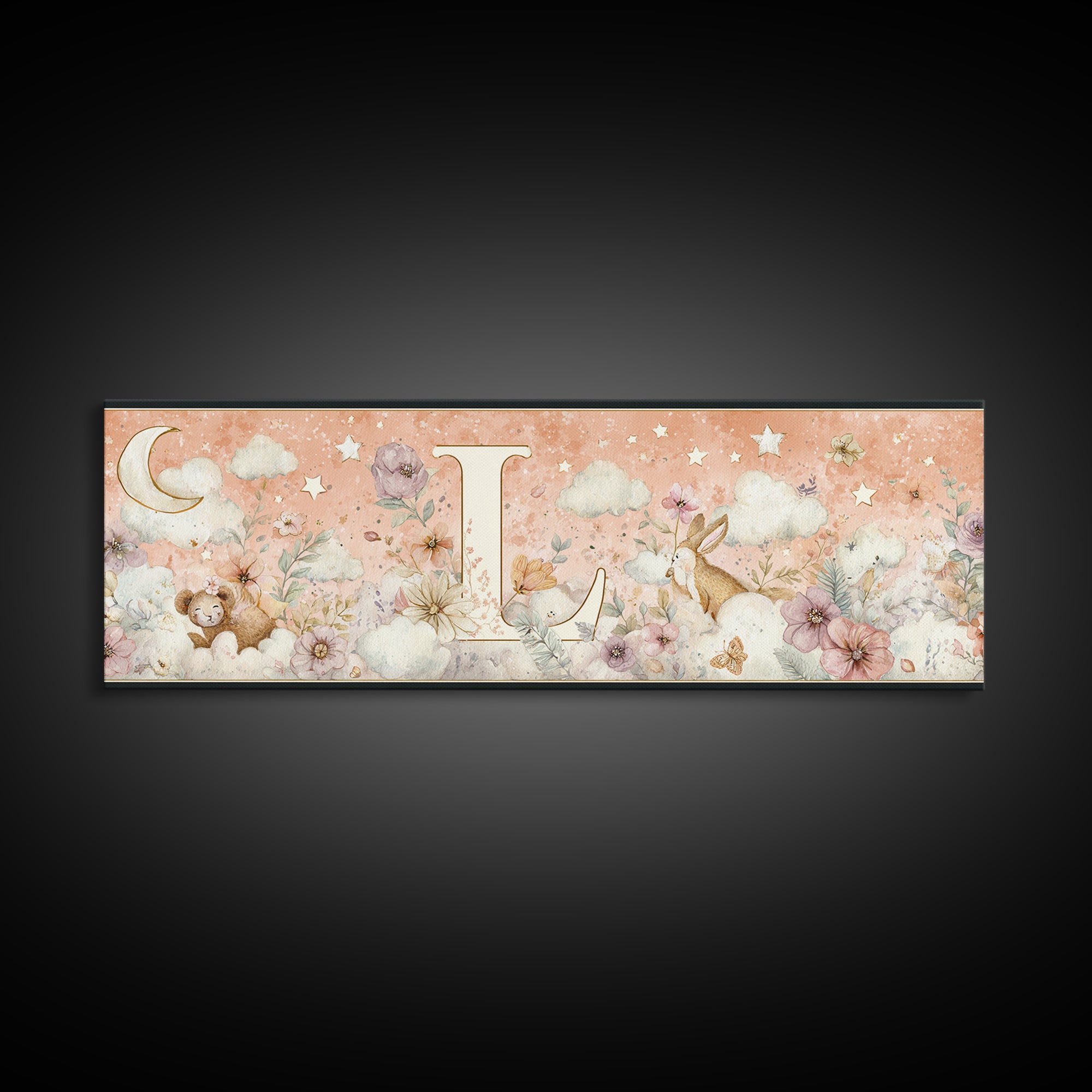 Soft Floral Initial Frame Without Letters Canvas Print, Nursery Decor, Woodland Nursery Decor, Nursery, Nursery Wall Decal, NDE-3x1-26
