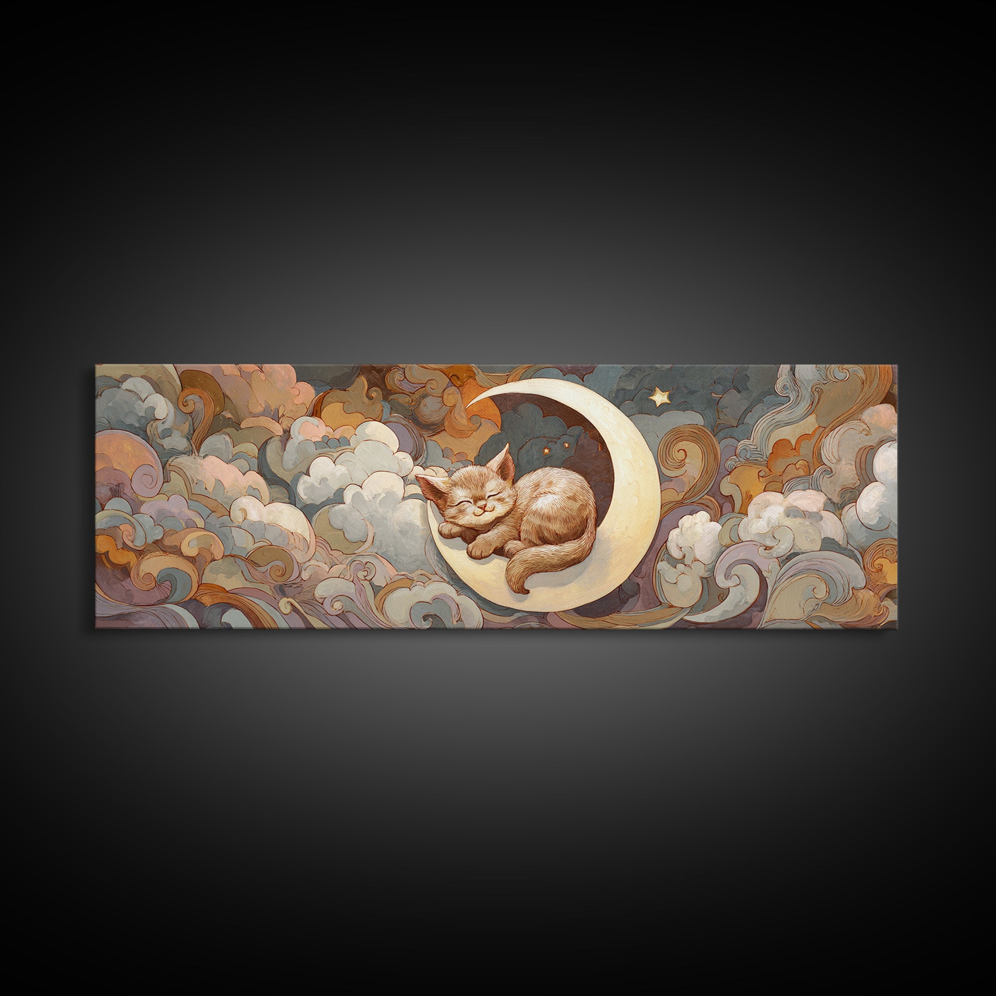 Sleeping Kitten on Crescent Moon Canvas Print, Nursery Decor, Wall Light, Fine Art, Nursery, Statement Artwork, Boho Decor, NDE-3x1-33