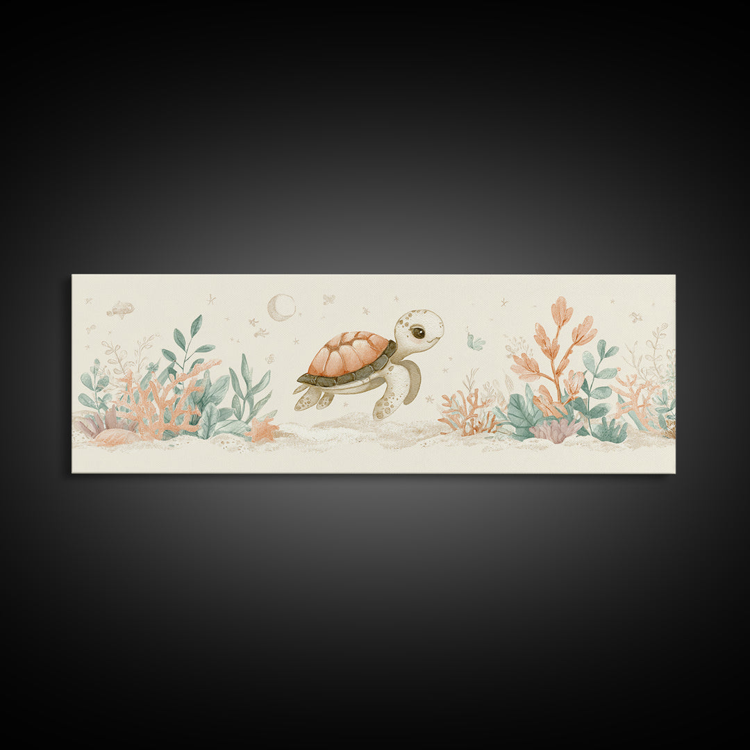 Tiny Turtle with Sea Plants Canvas Print, Nursery Decor, Minimalist Decor, Fine Art, Nursery, Wall Decals, Nursery Wall Decor, NDE-3x1-35