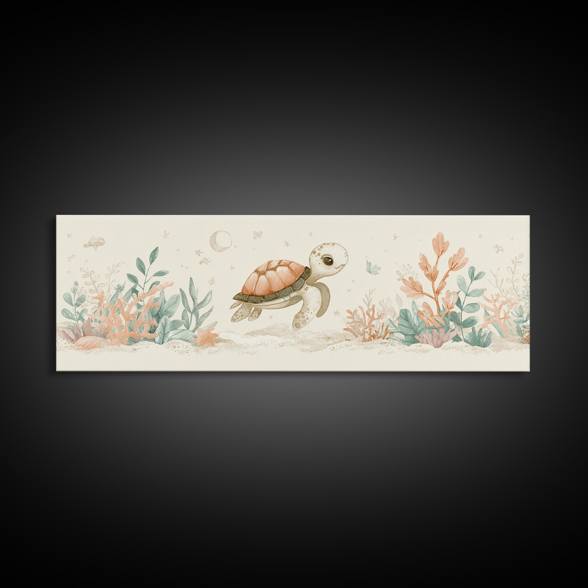 Tiny Turtle with Sea Plants Canvas Print, Nursery Decor, Minimalist Decor, Fine Art, Nursery, Wall Decals, Nursery Wall Decor, NDE-3x1-35
