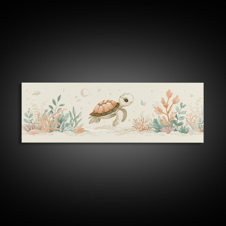 Tiny Turtle with Sea Plants Canvas Print, Nursery Decor, Minimalist Decor, Fine Art, Nursery, Wall Decals, Nursery Wall Decor, NDE-3x1-35