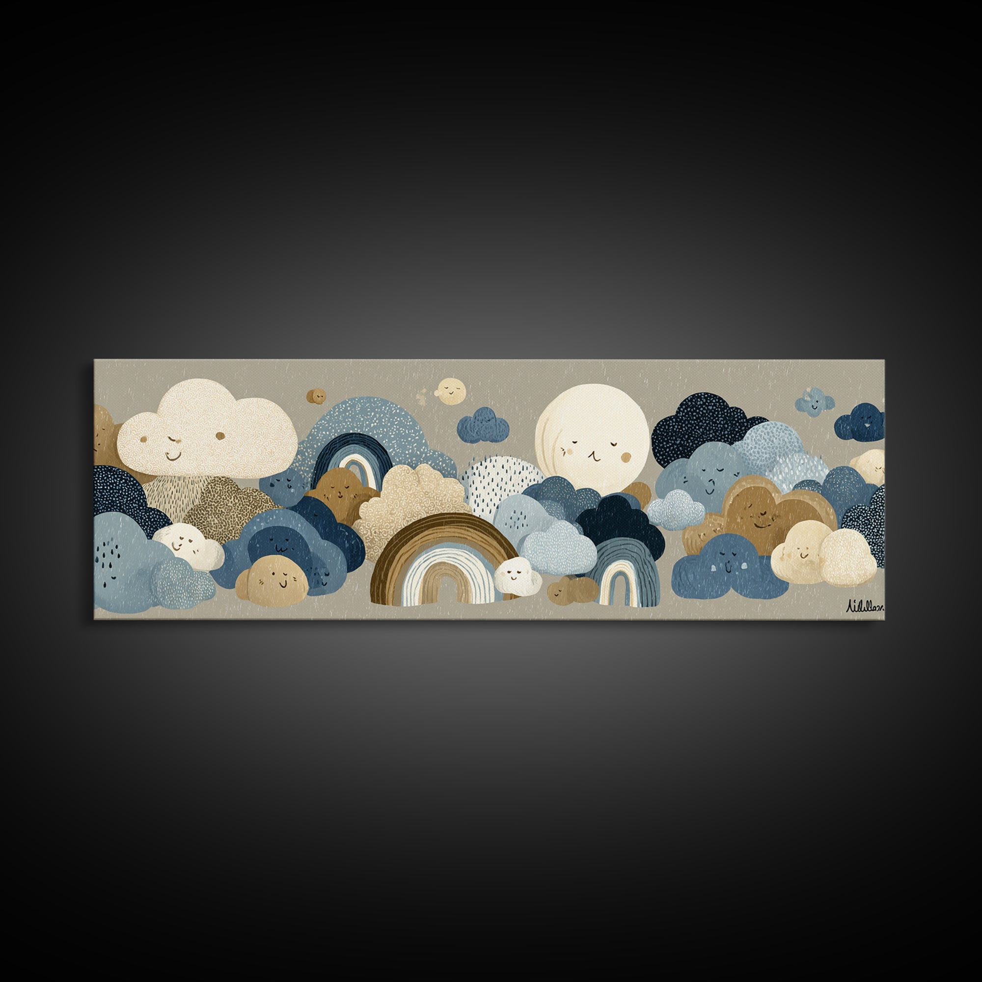 Cloud Rainbow and Raindrop Composition Canvas Print, Nursery Decor, Gallery Decor, Fine Art, Nursery, Wall Art, Home Decor, NDE-3x1-36