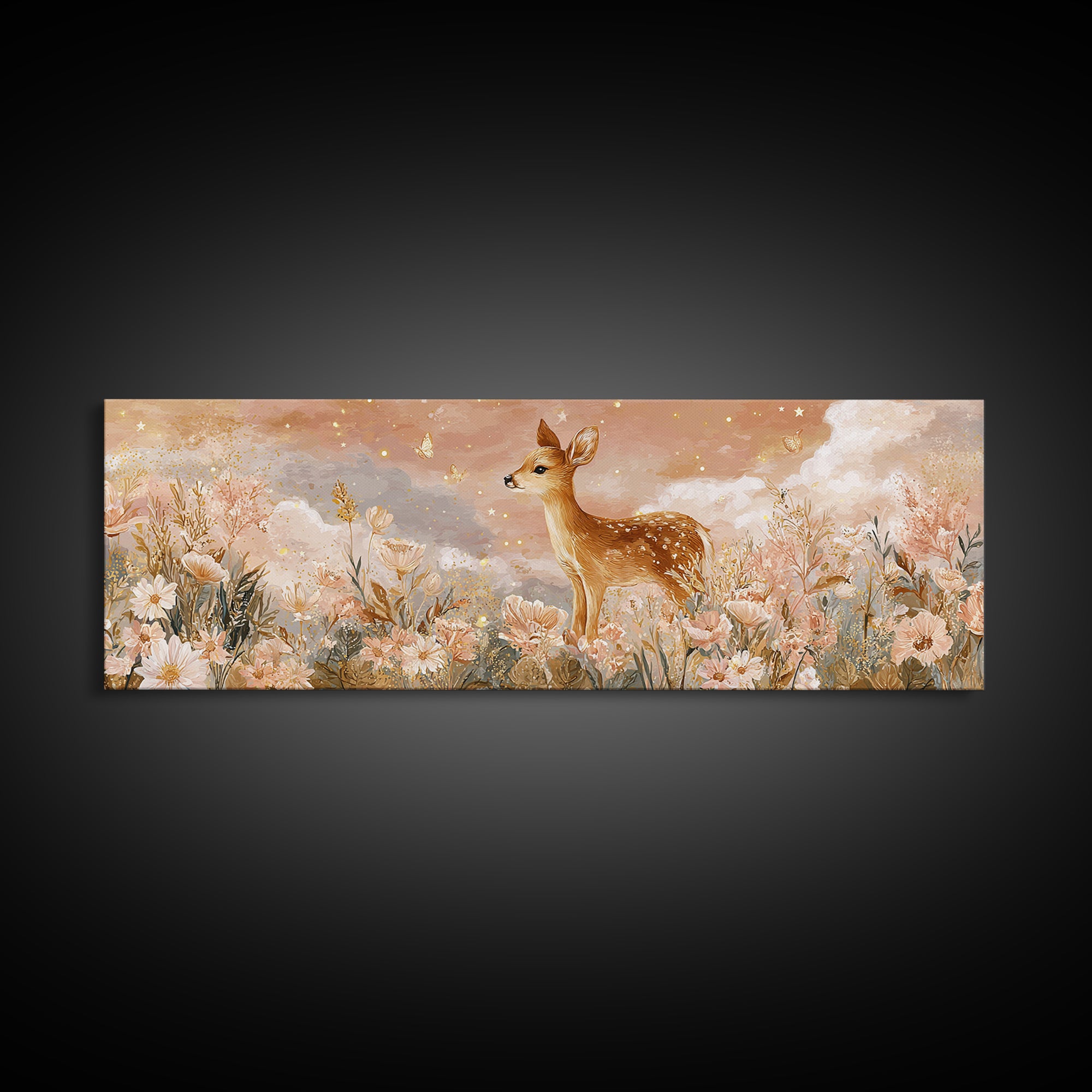 Baby Deer in Meadow with Fireflies Canvas Print, Nursery Decor, Nursery Wall Decor, Oil Painting, Nursery, Nursery Name Sign, NDE-3x1-38