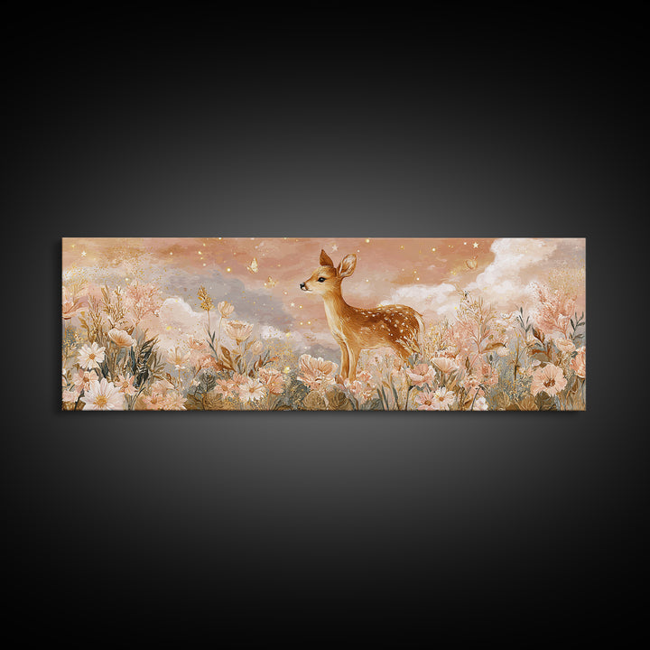 Baby Deer in Meadow with Fireflies Canvas Print, Nursery Decor, Nursery Wall Decor, Oil Painting, Nursery, Nursery Name Sign, NDE-3x1-38