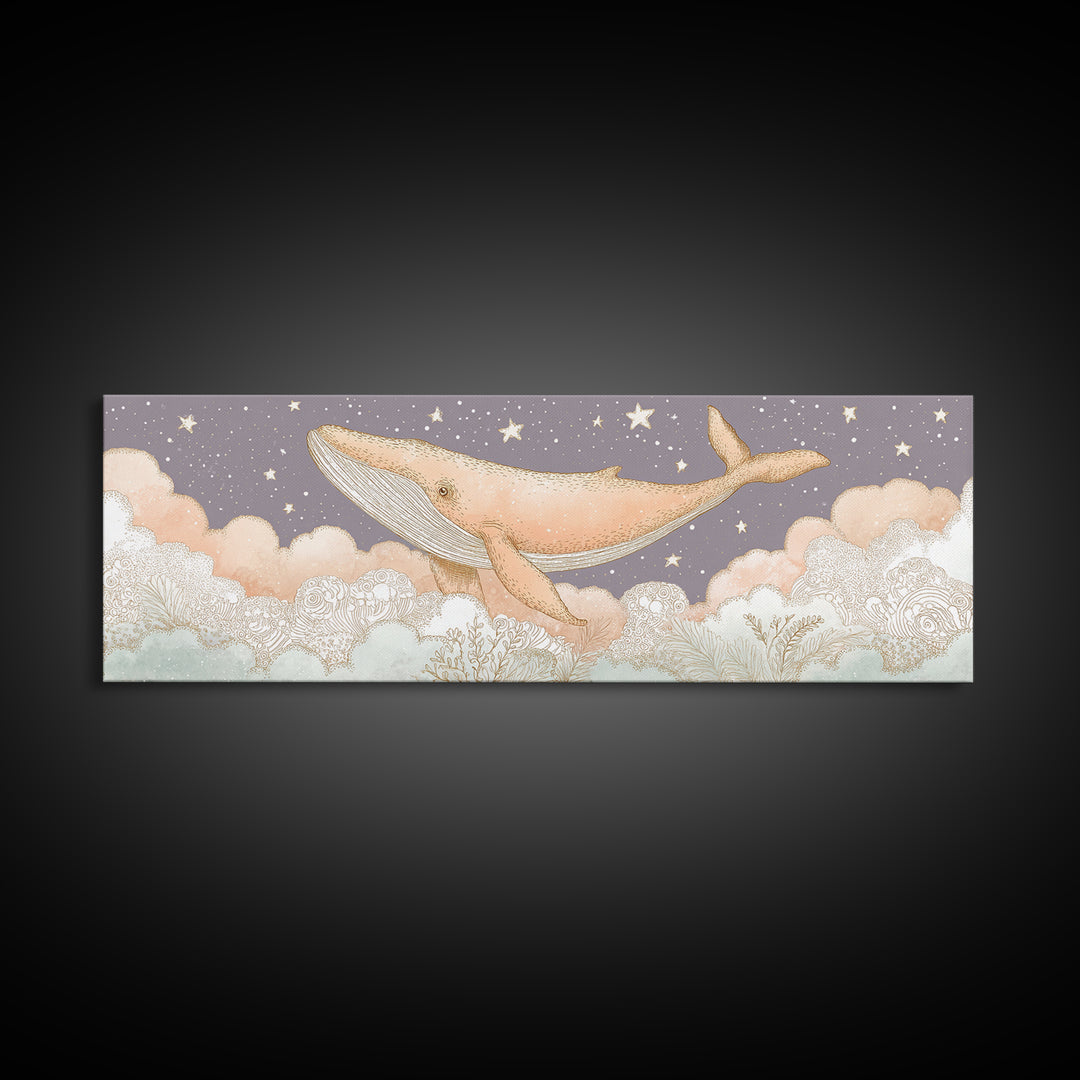 Baby Whale Swimming Through Stars Canvas Print, Nursery Decor, Textured Painting, Fine Art, Nursery, Bedroom Decor, Wall Decal, NDE-3x1-48