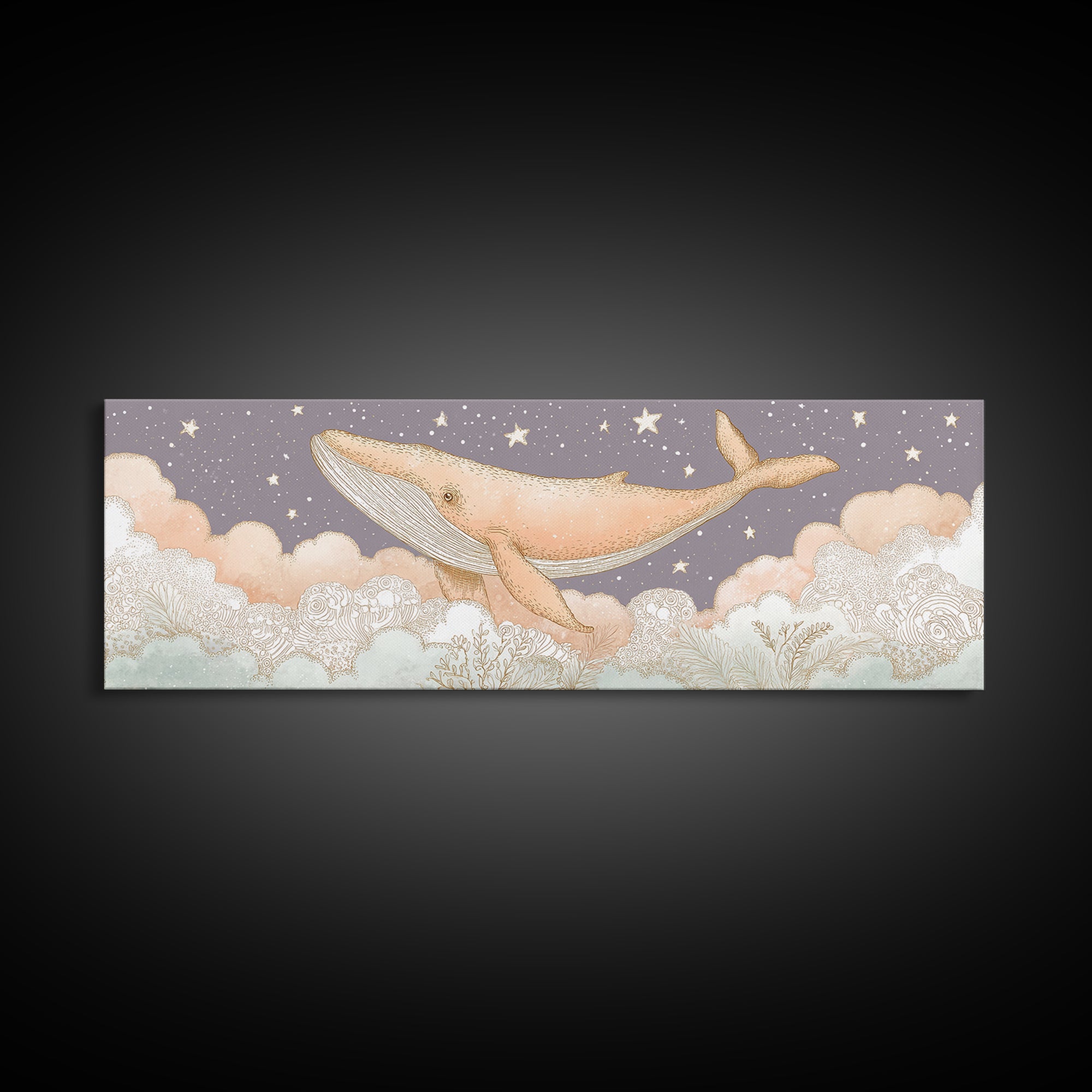 Baby Whale Swimming Through Stars Canvas Print, Nursery Decor, Textured Painting, Fine Art, Nursery, Bedroom Decor, Wall Decal, NDE-3x1-48