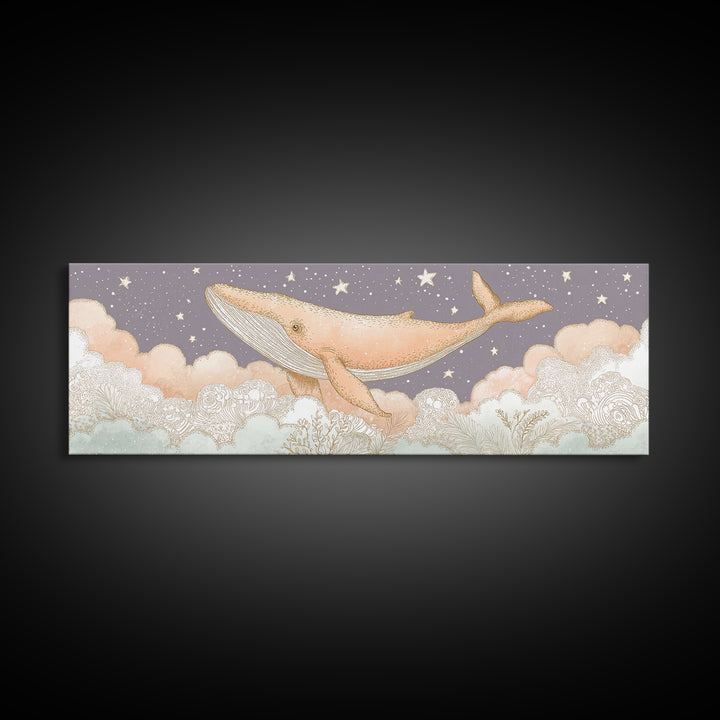 Baby Whale Swimming Through Stars Canvas Print, Nursery Decor, Textured Painting, Fine Art, Nursery, Bedroom Decor, Wall Decal, NDE-3x1-48
