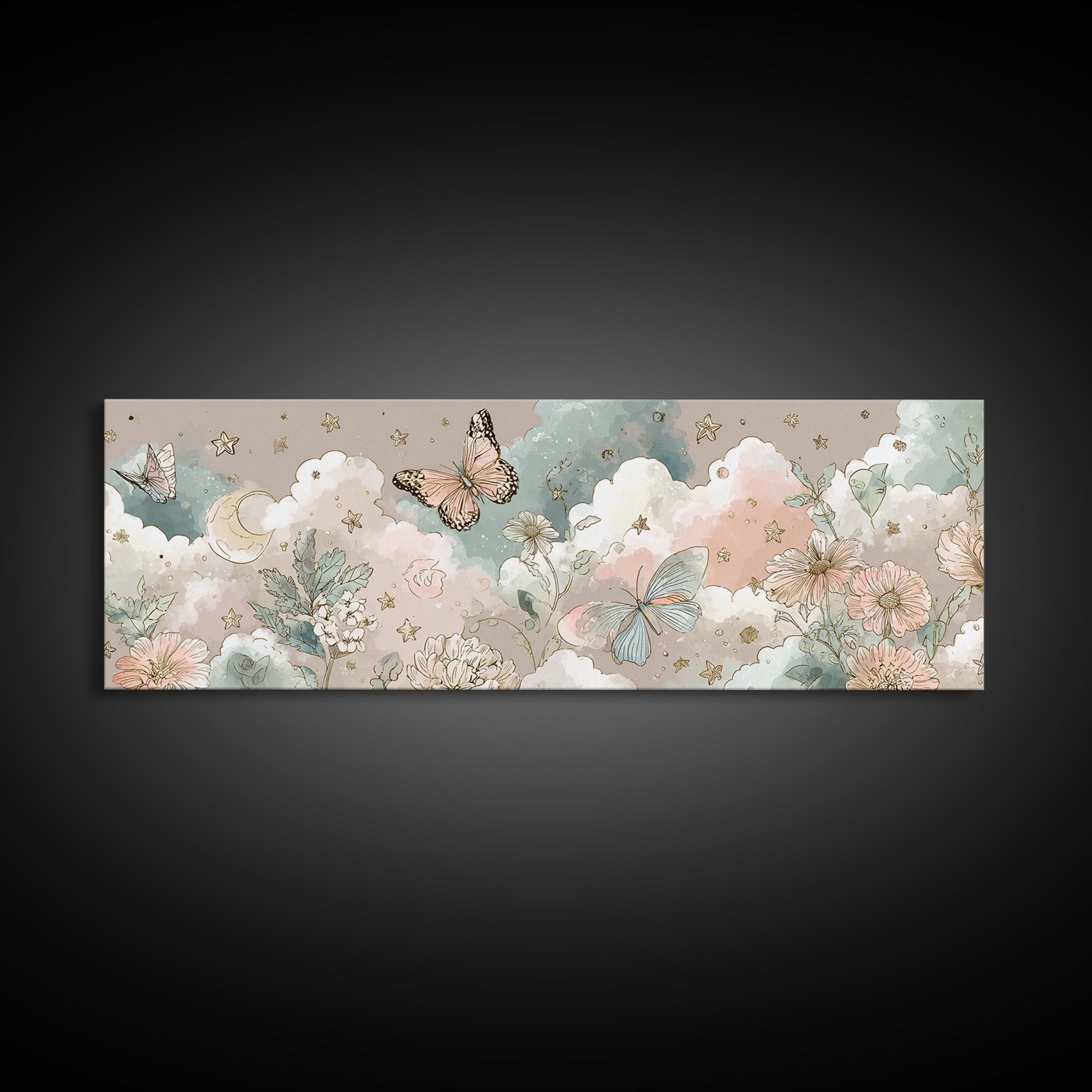 Pastel Butterfly and Wildflower Pattern Framed Canvas Print, Nursery Decor, Minimalist Decor, Oil Painting, Nursery, NDE-3x1-56
