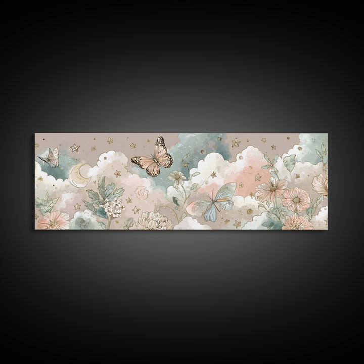 Pastel Butterfly and Wildflower Pattern Framed Canvas Print, Nursery Decor, Minimalist Decor, Oil Painting, Nursery, NDE-3x1-56