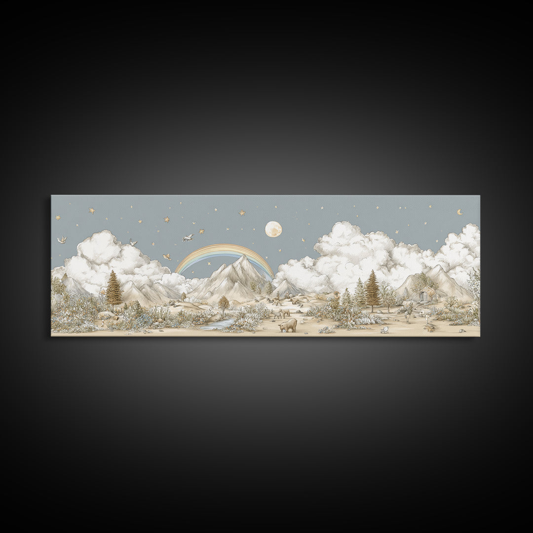 Calm Mountain Nursery Landscape Framed Canvas Print, Nursery Decor, Luxury Decor, Fine Art, Nursery, Nursery Wall Art, NDE-3x1-64