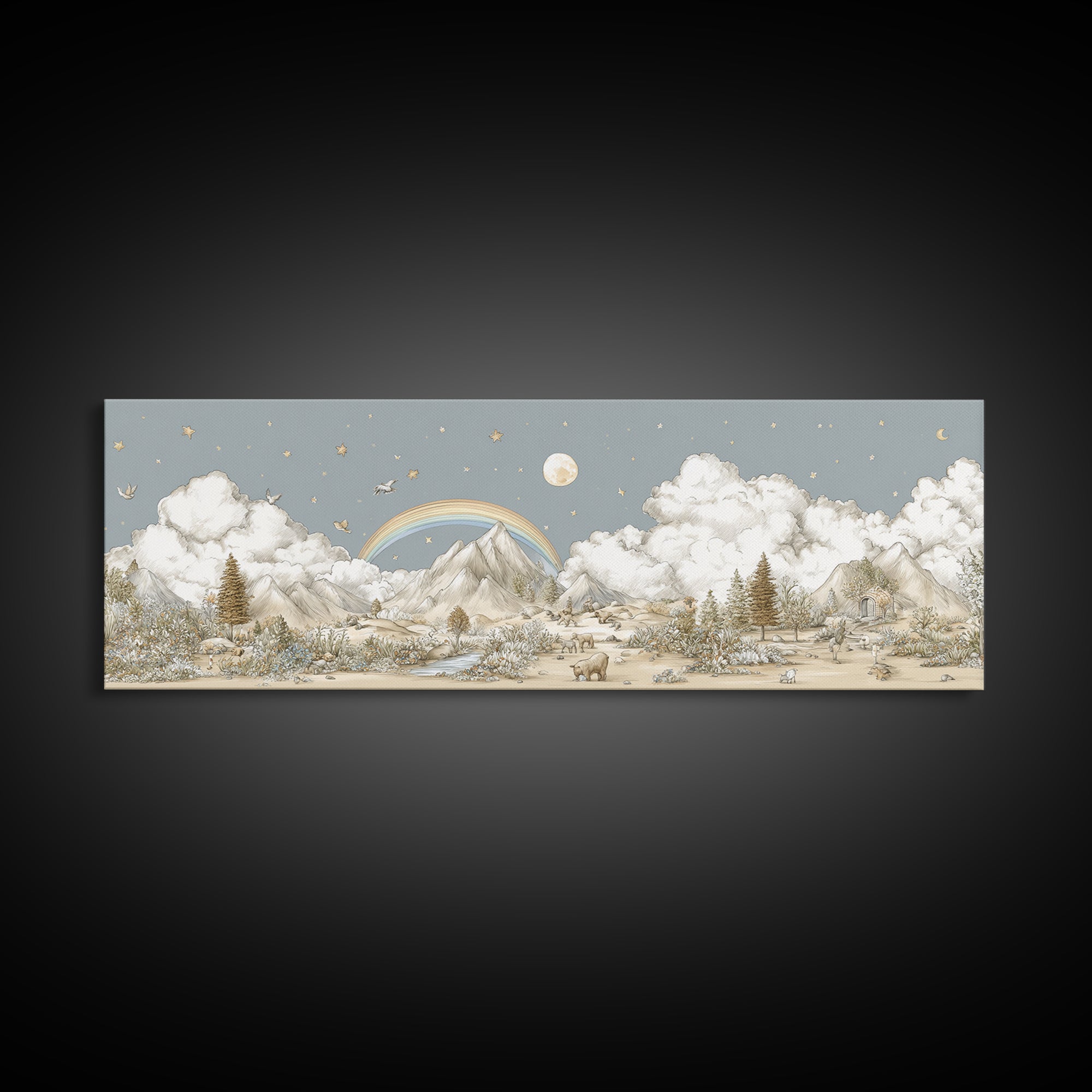 Calm Mountain Nursery Landscape Framed Canvas Print, Nursery Decor, Luxury Decor, Fine Art, Nursery, Nursery Wall Art, NDE-3x1-64