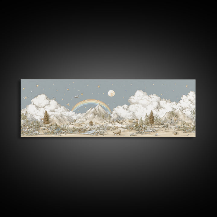 Calm Mountain Nursery Landscape Framed Canvas Print, Nursery Decor, Luxury Decor, Fine Art, Nursery, Nursery Wall Art, NDE-3x1-64
