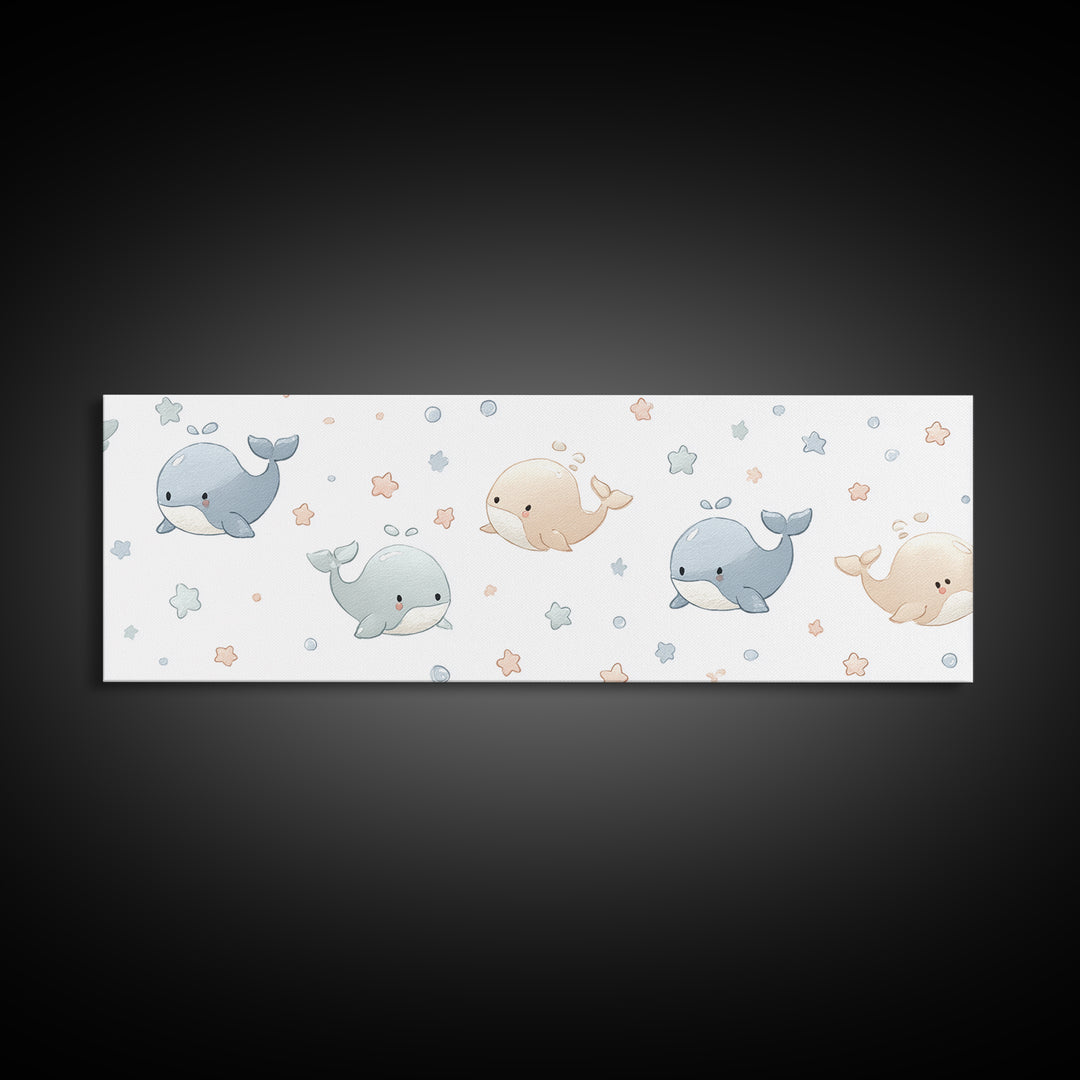 Baby Whale Swimming Through Stars Framed Canvas Print, Nursery Decor, Wall Decor, Fine Art, Nursery, Woodland Nursery Decor, NDE-3x1-72