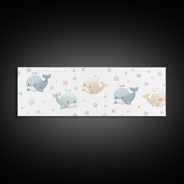 Baby Whale Swimming Through Stars Framed Canvas Print, Nursery Decor, Wall Decor, Fine Art, Nursery, Woodland Nursery Decor, NDE-3x1-72