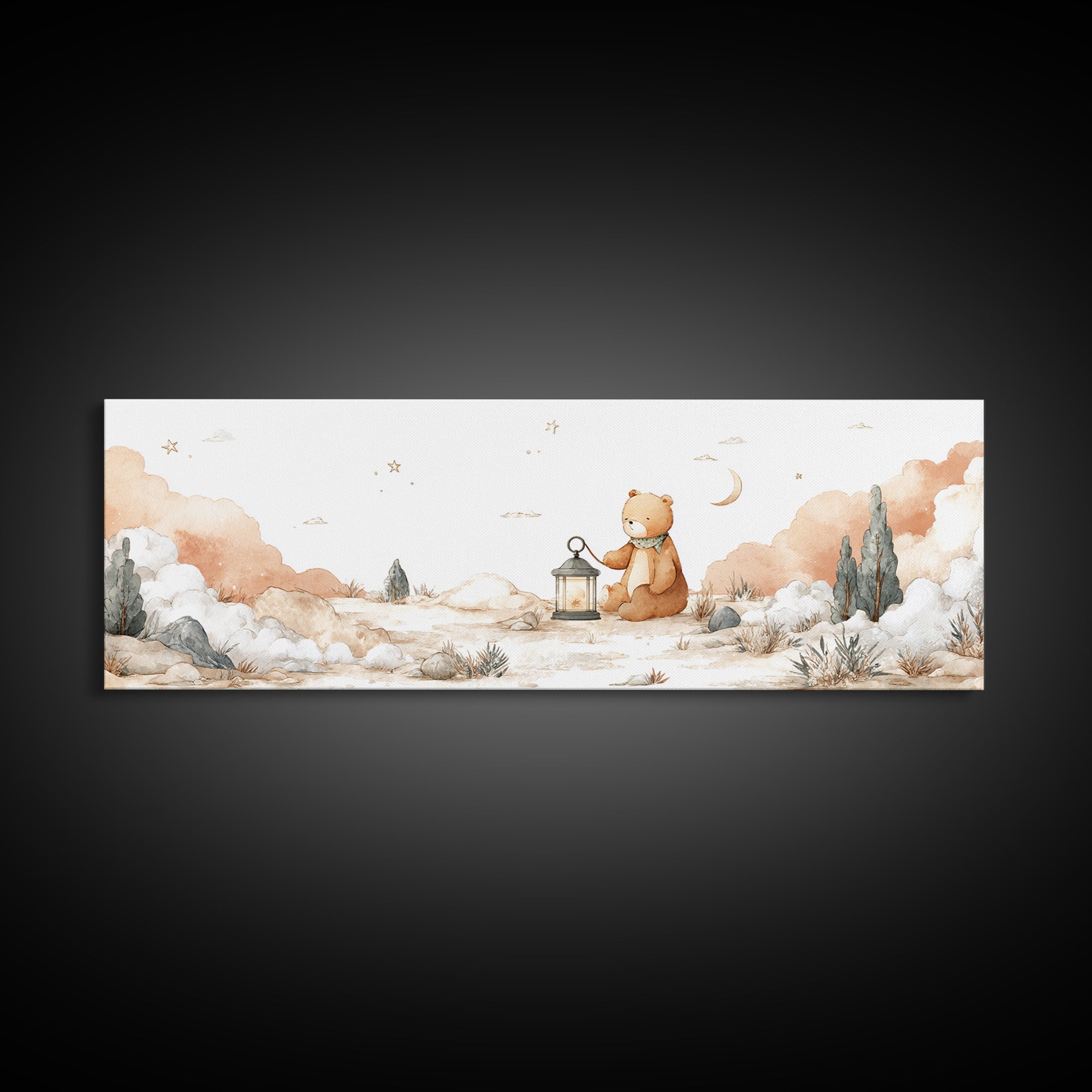Storybook Bear with Little Lantern Framed Canvas Print, Nursery Decor, Neutral Decor, Fine Art, Nursery, Home Decor, Wall Decor, NDE-3x1-73