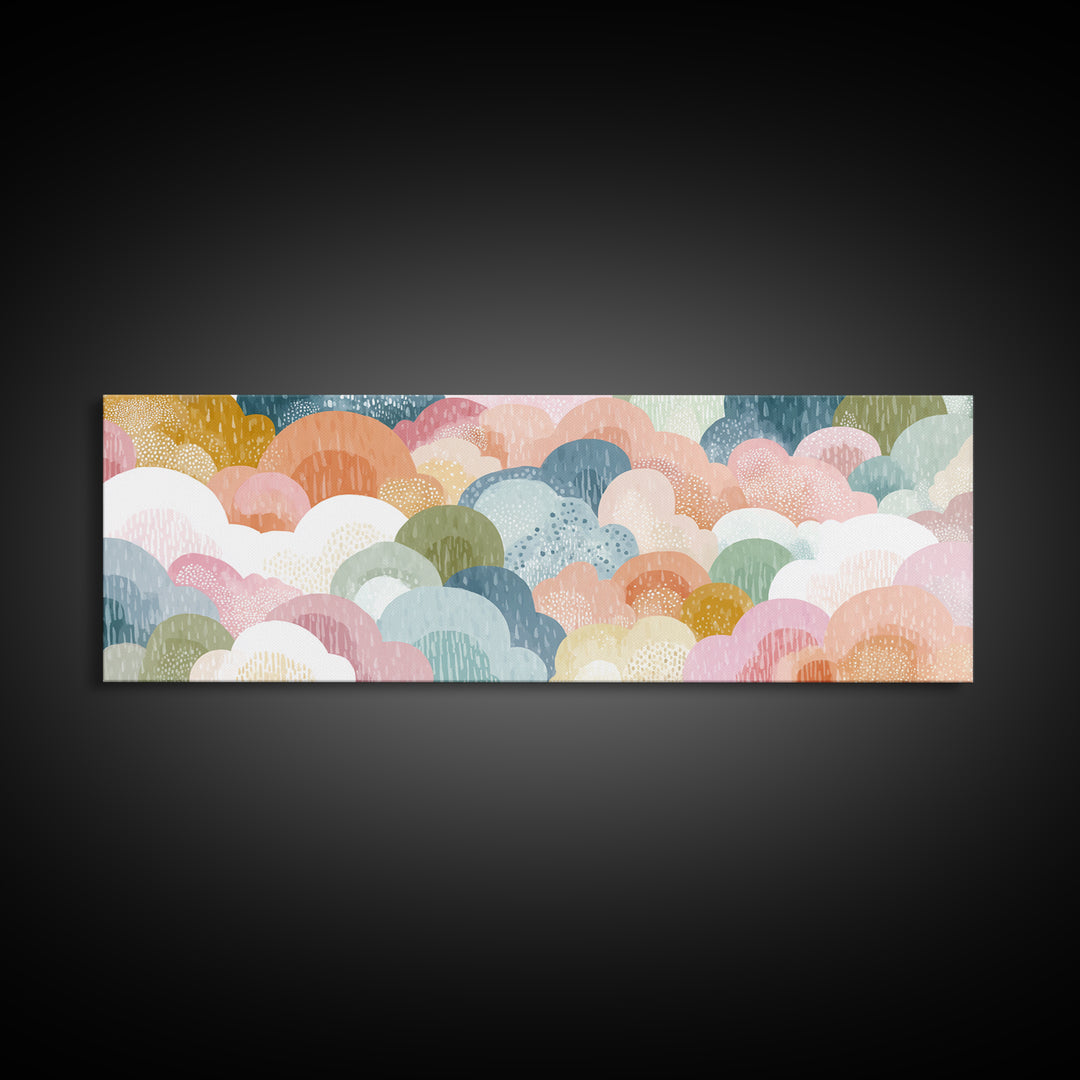 Cloud Rainbow and Raindrop Composition Framed Canvas Print, Nursery Decor, Canvas, Fine Art, Nursery, Playroom Decor, NDE-3x1-84
