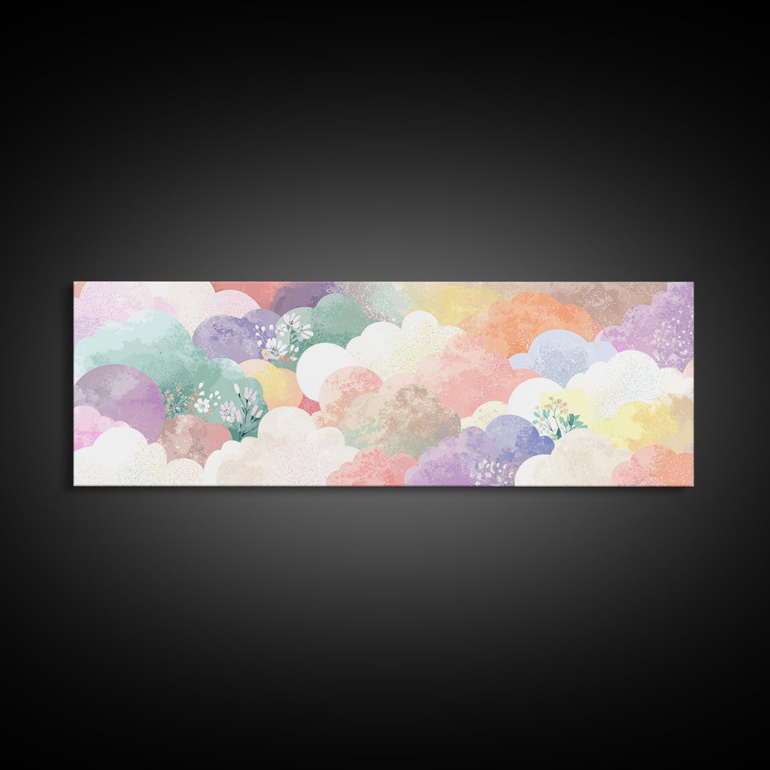 Pastel Rainbow with Soft Cloud Shapes Framed Canvas Print, Nursery Decor, Boho Decor, Fine Art, Nursery, Nursery Wall Art, NDE-3x1-89