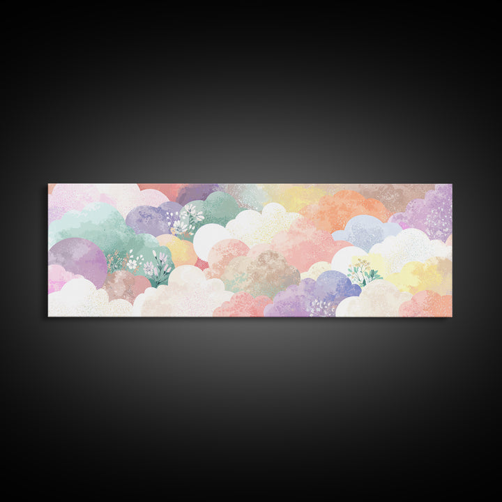 Pastel Rainbow with Soft Cloud Shapes Framed Canvas Print, Nursery Decor, Boho Decor, Fine Art, Nursery, Nursery Wall Art, NDE-3x1-89