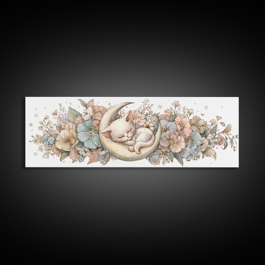 Sleeping Kitten on Crescent Moon Framed Canvas Print, Nursery Decor, Nursery Prints, Fine Art, Nursery, Nursery Wall Decal, NDE-3x1-9