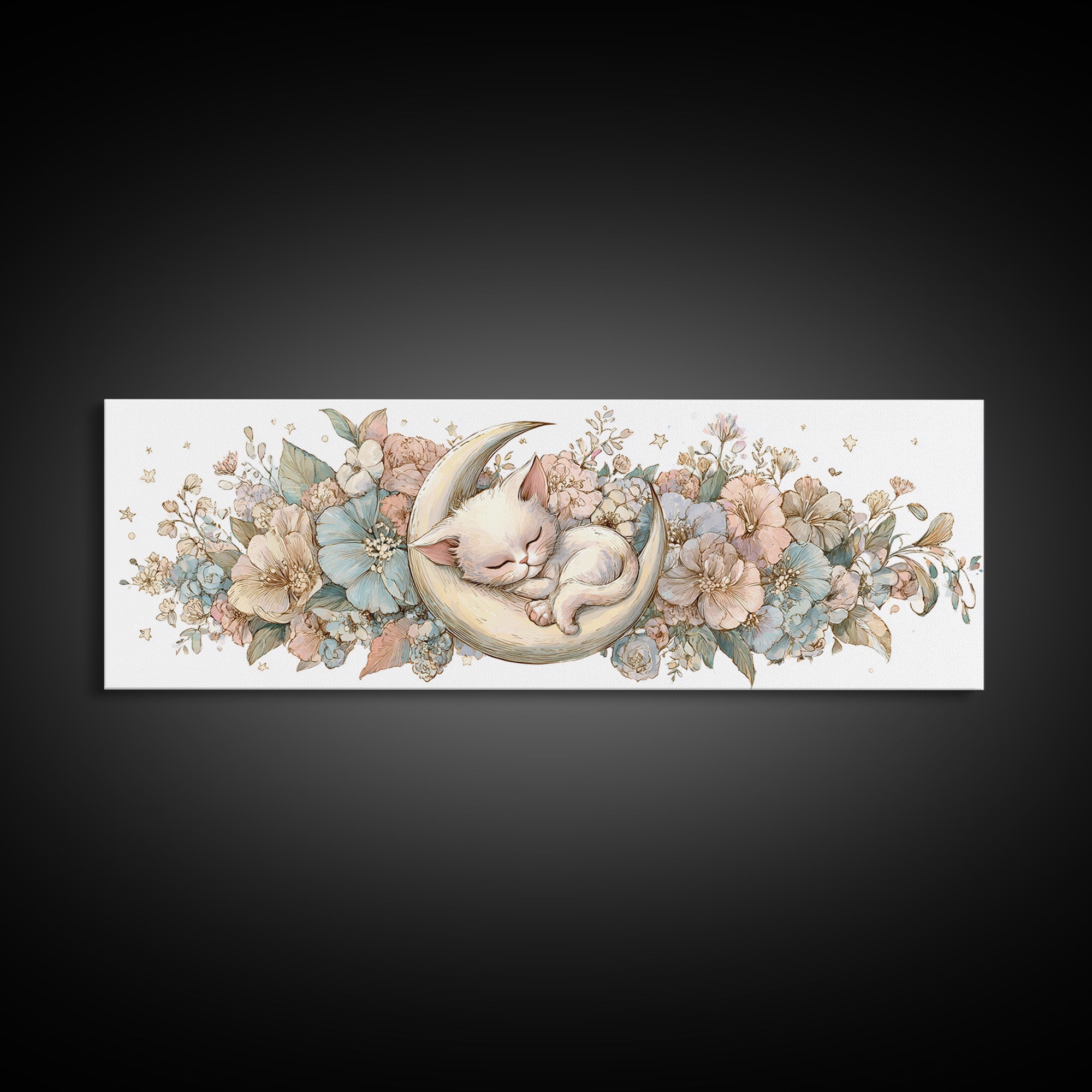 Sleeping Kitten on Crescent Moon Framed Canvas Print, Nursery Decor, Nursery Prints, Fine Art, Nursery, Nursery Wall Decal, NDE-3x1-9
