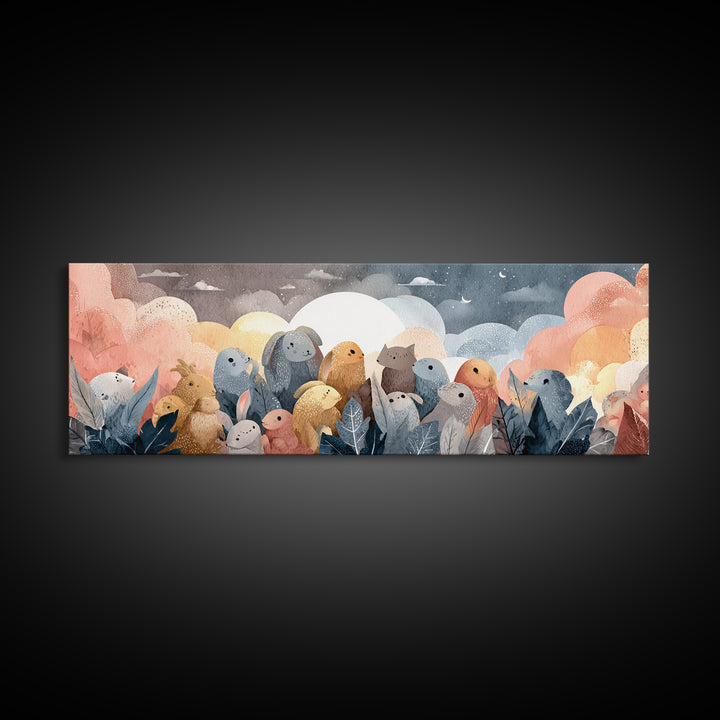 Woodland Animal Parade Framed Canvas Print, Nursery Decor, Nursery Name Sign, Fine Art, Nursery, Luxury Decor, Room Decor, NDE-3x1-90