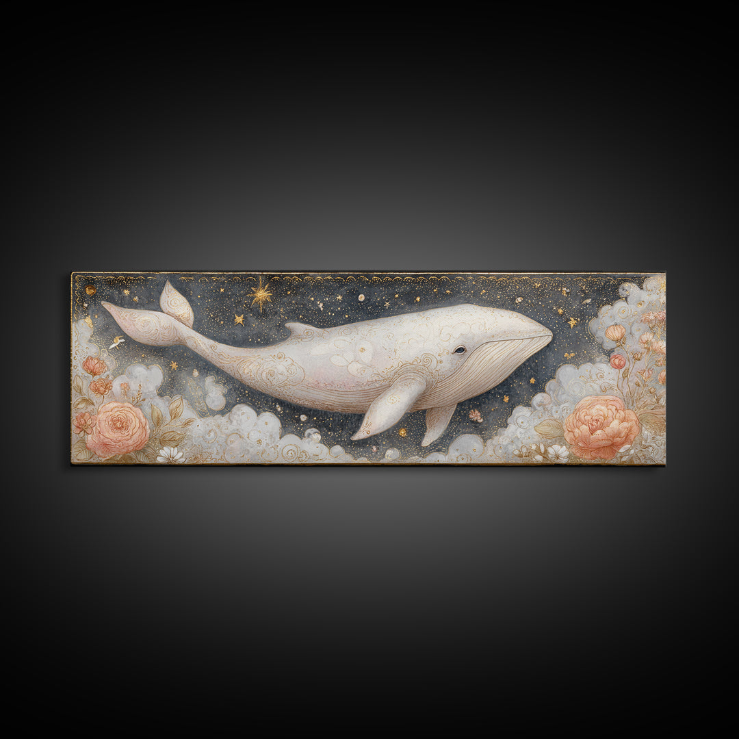Baby Whale Swimming Through Stars Canvas Print, Nursery Decor, Textured Painting, Fine Art, Nursery, Bedroom Decor, Wall Decal, NDE-3x1-96