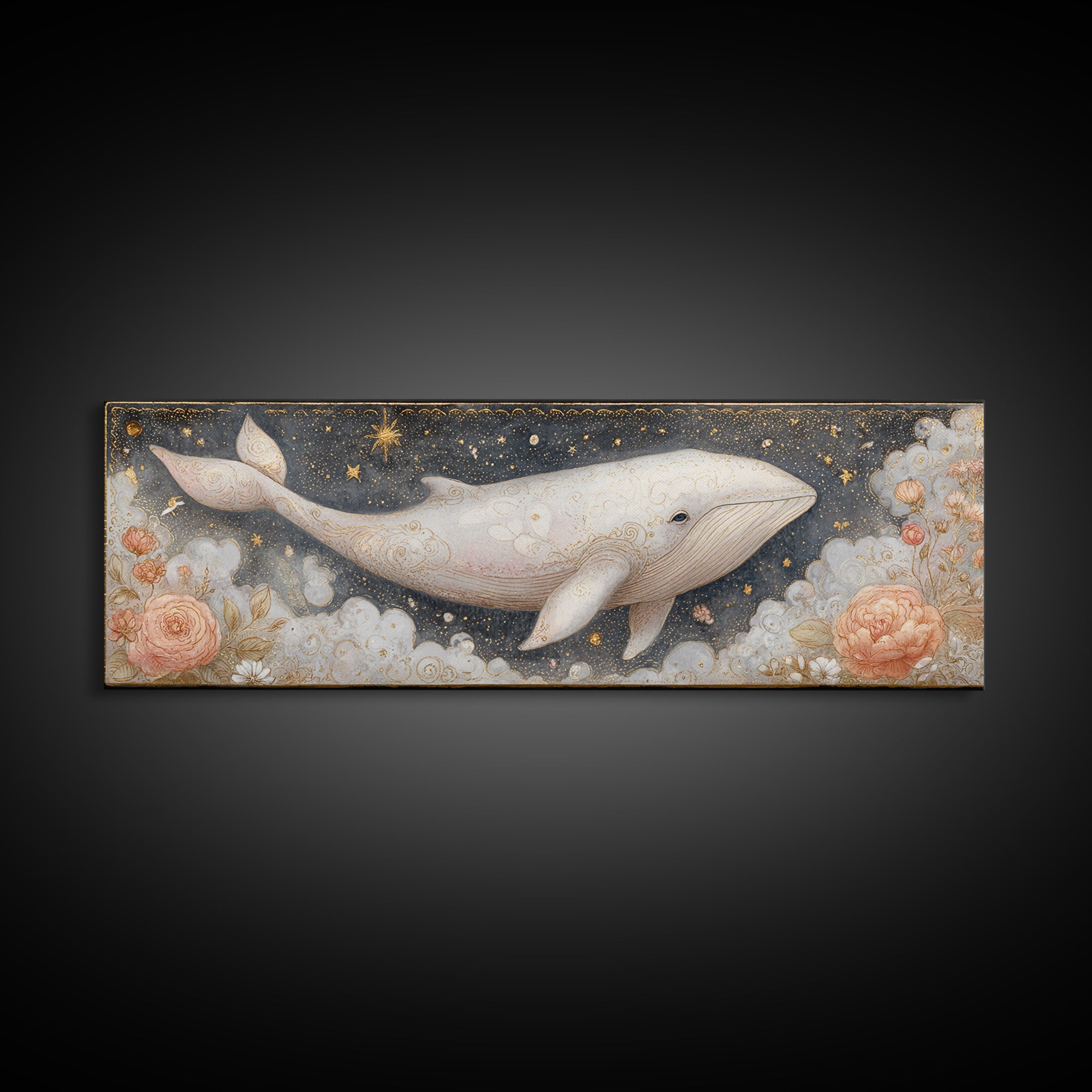 Baby Whale Swimming Through Stars Canvas Print, Nursery Decor, Textured Painting, Fine Art, Nursery, Bedroom Decor, Wall Decal, NDE-3x1-96