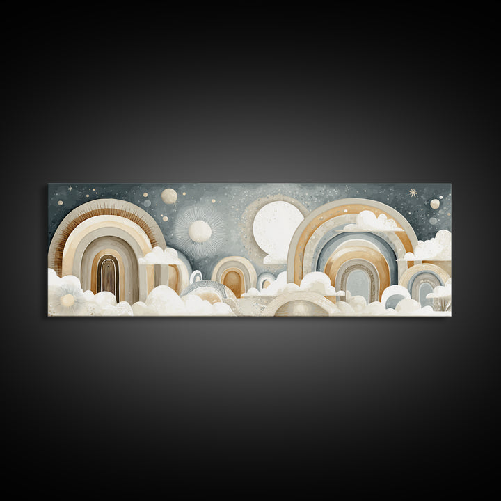 Neutral Boho Sun and Arch Shapes Framed Canvas Print, Nursery Decor, Framed Wall Art, Fine Art, Nursery, Safari Nursery Decor, NDE-3x1-99