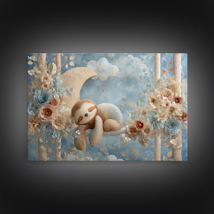 Sleepy Sloth Hanging from Branch Framed Canvas Print, Nursery Decor, Playroom Decor, Oil Painting, Nursery, Boy Nursery Decor, NDE-3x2-10