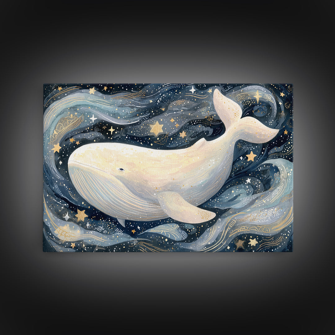 Baby Whale Swimming Through Stars Canvas Print, Nursery Decor, Wall Light, Fine Art, Nursery, Statement Artwork, Boho Decor, NDE-3x2-12