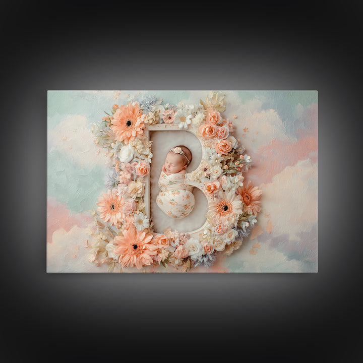 Soft Floral Initial Frame Without Letters Framed Canvas Print, Nursery Decor, Nursery Wall Decor, Oil Painting, Nursery, NDE-3x2-14