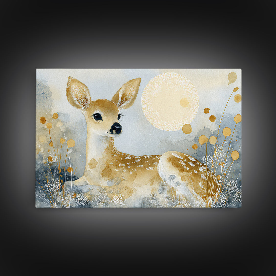 Baby Deer in Meadow with Fireflies Framed Canvas Print, Nursery Decor, Wall Decal, Nursery, Wall Light, Girl Nursery Decor, NDE-3x2-2