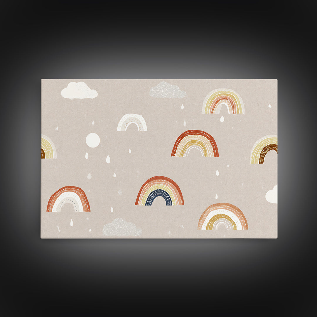 Cloud Rainbow and Raindrop Composition Framed Canvas Print, Nursery Decor, Nursery Name Sign, Fine Art, Nursery, Luxury Decor, NDE-3x2-24