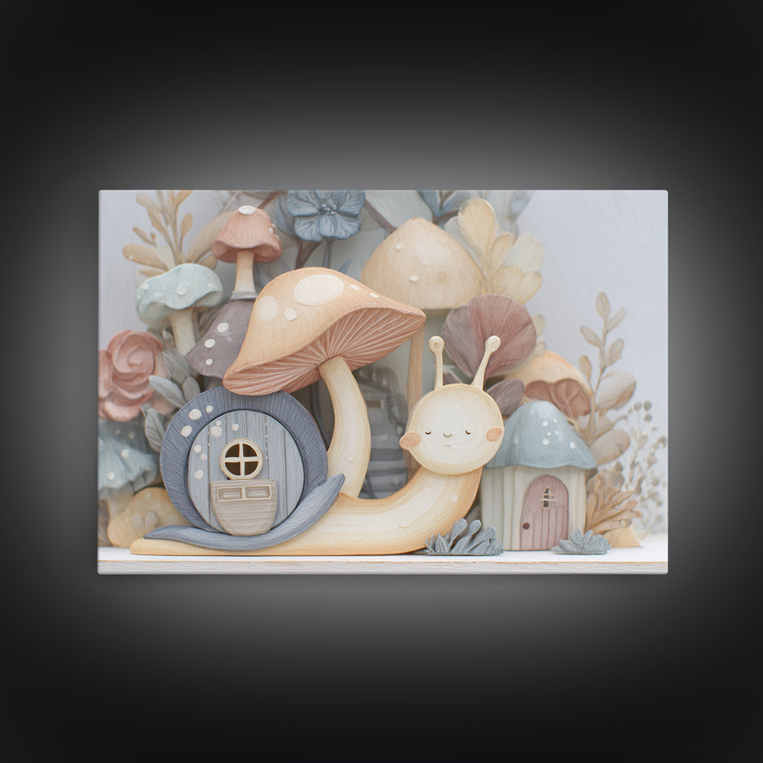 Garden Snail with Mushroom House Framed Canvas Print, Nursery Decor, Gallery Decor, Fine Art, Nursery, Wall Art, Home Decor, NDE-3x2-27