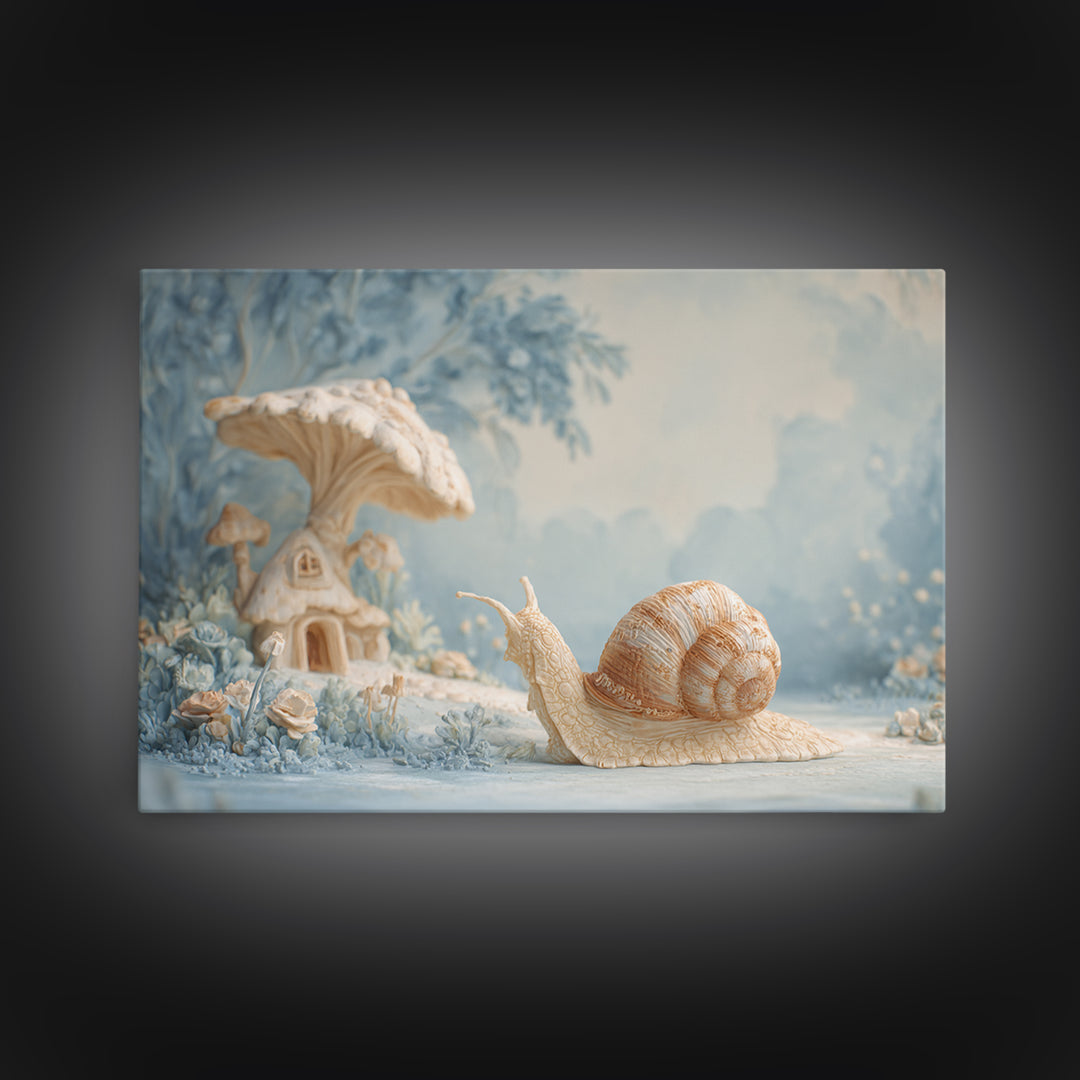 Garden Snail with Mushroom House Canvas Print, Nursery Decor, Nursery Name Sign, Fine Art, Nursery, Luxury Decor, Room Decor, NDE-3x2-3