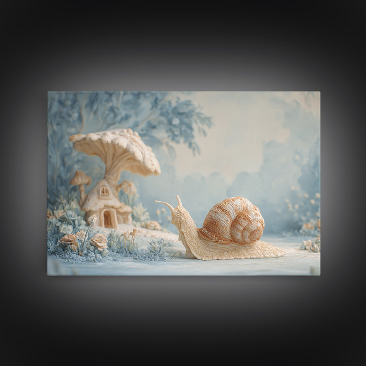 Garden Snail with Mushroom House Canvas Print, Nursery Decor, Nursery Name Sign, Fine Art, Nursery, Luxury Decor, Room Decor, NDE-3x2-3