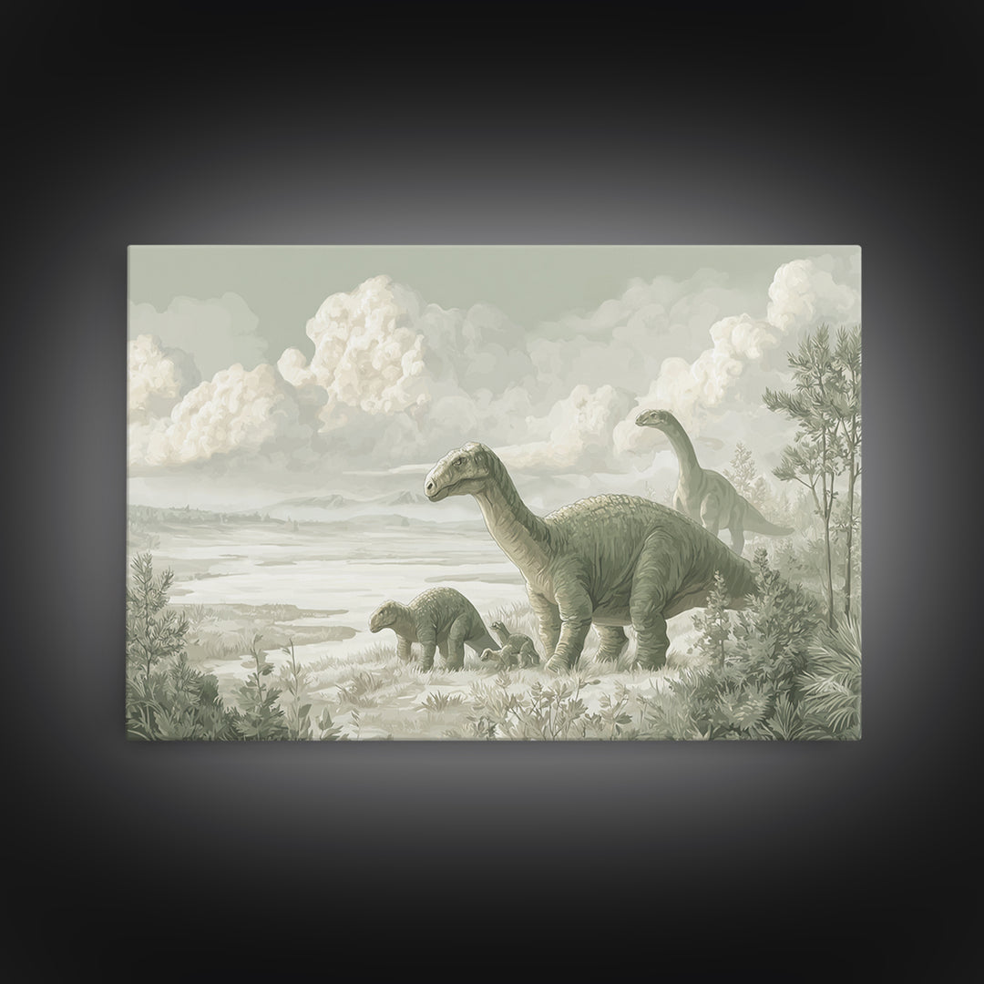 Gentle Dinosaur Family Framed Canvas Print, Nursery Decor, Room Decor, Fine Art, Nursery, Framed Wall Art, Bedroom Decor, NDE-3x2-35