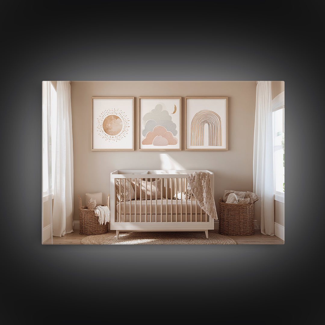 Neutral Boho Sun and Arch Shapes Framed Canvas Print, Nursery Decor, Contemporary Art, Abstract Art, Nursery, Wall Decals, NDE-3x2-39