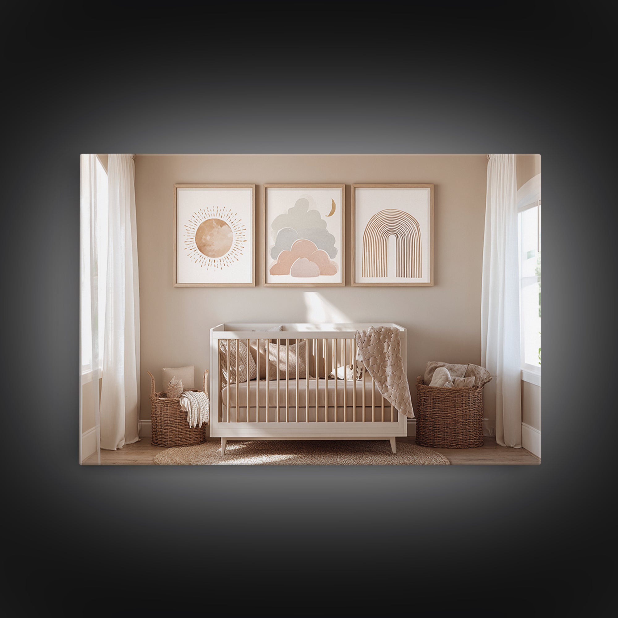 Neutral Boho Sun and Arch Shapes Framed Canvas Print, Nursery Decor, Contemporary Art, Abstract Art, Nursery, Wall Decals, NDE-3x2-39