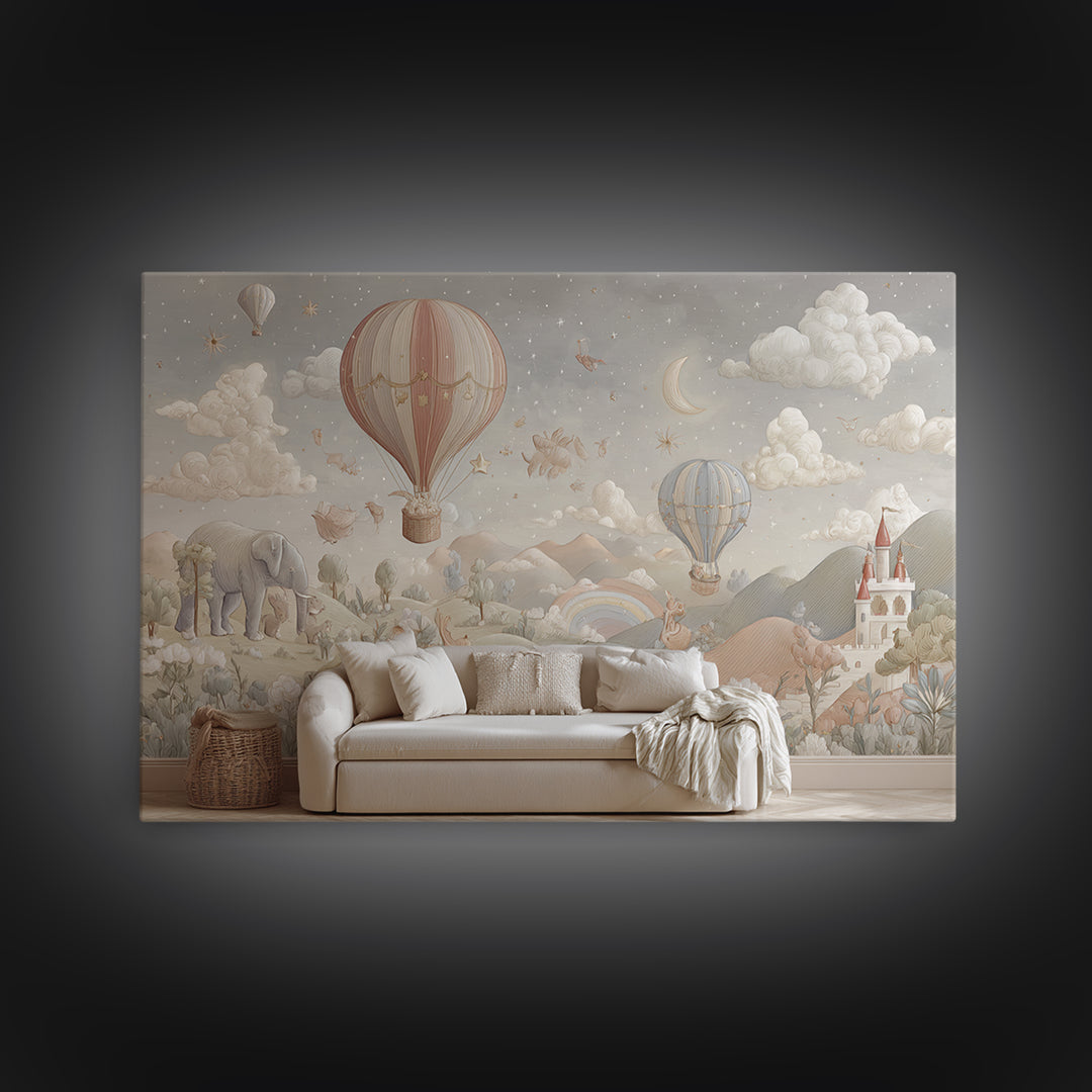 Hot Air Balloon Drifting Framed Canvas Print, Nursery Decor, Nursery Wall Decal, Oil Painting, Nursery, Minimalist Decor, NDE-3x2-40