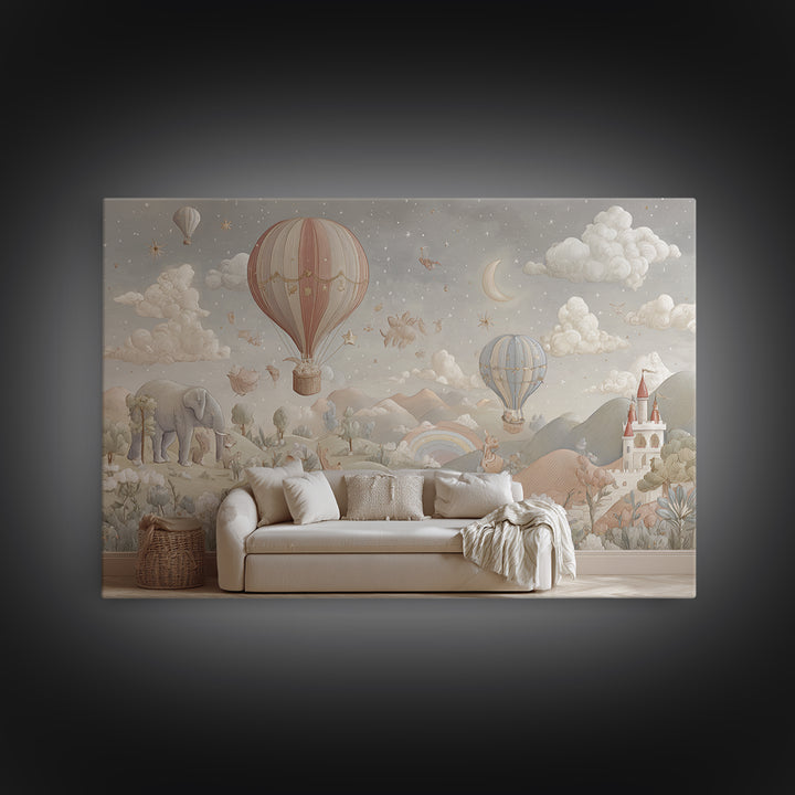 Hot Air Balloon Drifting Framed Canvas Print, Nursery Decor, Nursery Wall Decal, Oil Painting, Nursery, Minimalist Decor, NDE-3x2-40