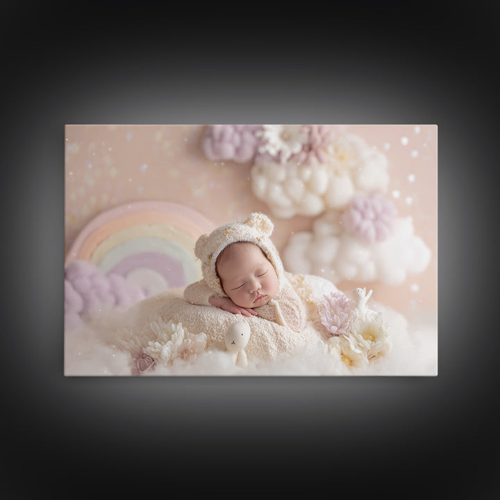 Cloud Rainbow and Raindrop Composition Canvas Print, Nursery Decor, Gallery Decor, Fine Art, Nursery, Wall Art, Home Decor, NDE-3x2-48