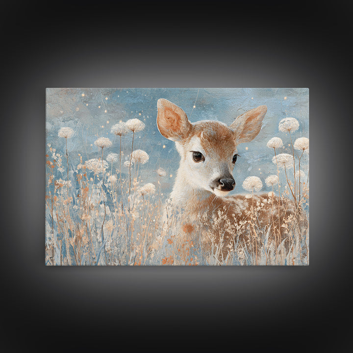 Baby Deer in Meadow with Fireflies Framed Canvas Print, Nursery Decor, Floral Wallpaper, Fine Art, Nursery, Fine Art Print, NDE-3x2-50