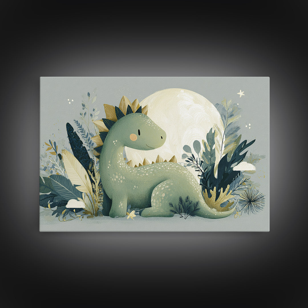Gentle Dinosaur Family Framed Canvas Print, Nursery Decor, Nursery Wall Art, Oil Painting, Nursery, Botanical Wall Art, NDE-3x2-59