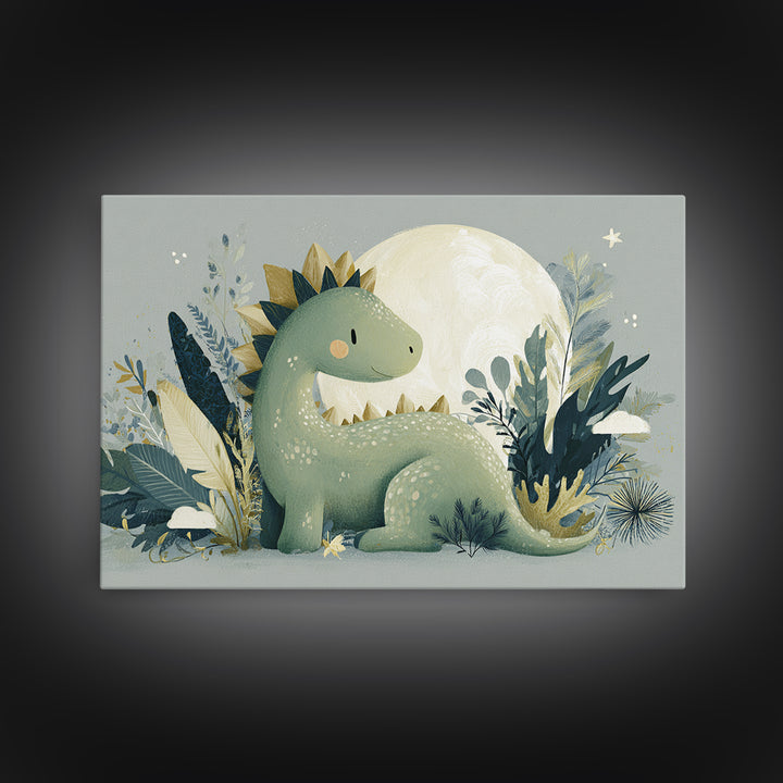 Gentle Dinosaur Family Framed Canvas Print, Nursery Decor, Nursery Wall Art, Oil Painting, Nursery, Botanical Wall Art, NDE-3x2-59