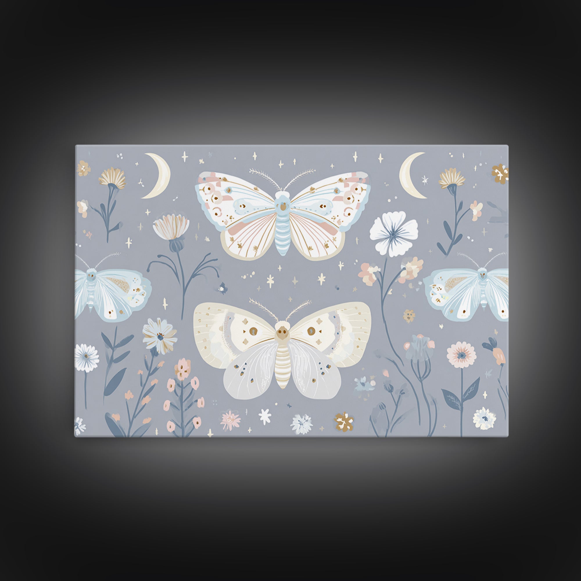 Pastel Butterfly and Wildflower Pattern Canvas Print, Nursery Decor, Minimalist Decor, Oil Painting, Nursery, Wall Decals, NDE-3x2-68