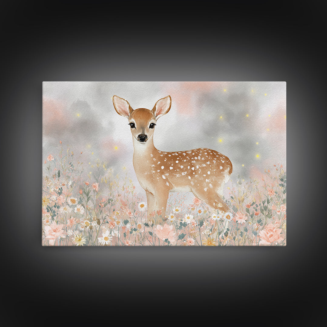 Baby Deer in Meadow with Fireflies Framed Canvas Print, Nursery Decor, Floral Wallpaper, Fine Art, Nursery, Fine Art Print, NDE-3x2-74