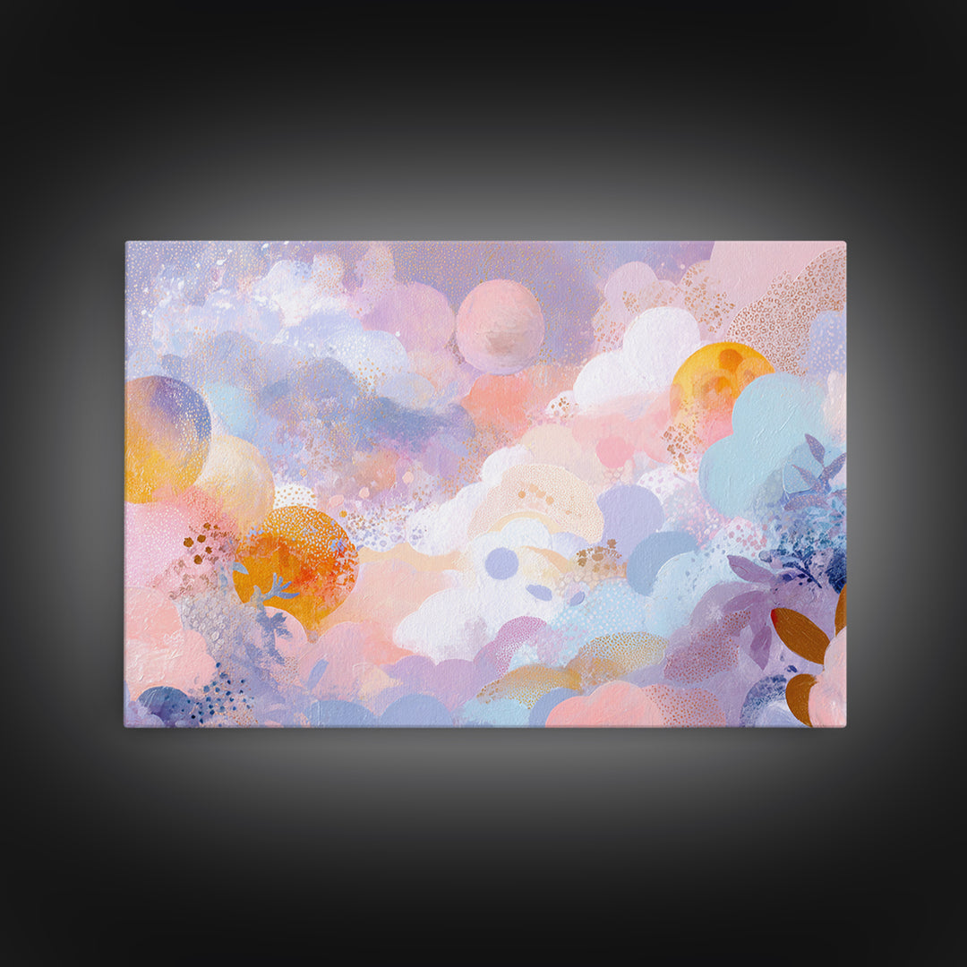 Pastel Rainbow with Soft Cloud Shapes Framed Canvas Print, Nursery Decor, Room Decor, Abstract Art, Nursery, Framed Wall Art, NDE-3x2-77