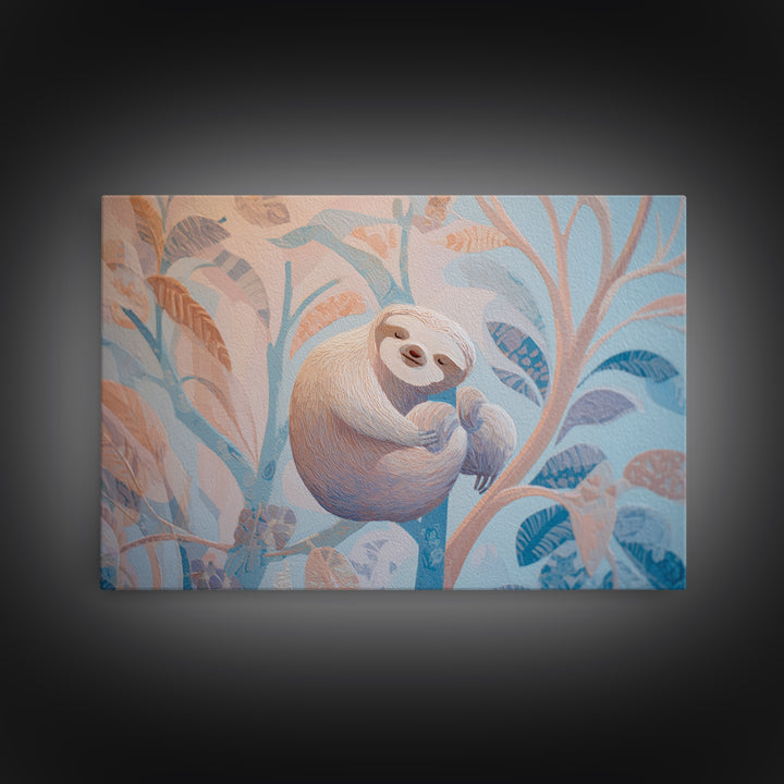 Sleepy Sloth Hanging from Branch Framed Canvas Print, Nursery Decor, Nursery Wall Decal, Watercolor Art, Nursery, NDE-3x2-82